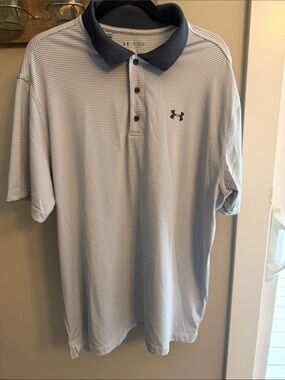 Under Armour Light Gray and White Stripes Polo with Navy Collar